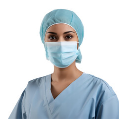 Close-up Portrait of a Professional Medical Healthcare Worker: Female Indian Doctor, Nurse or Surgeon in Scrubs and Mask, Isolated on Transparent Background, PNG