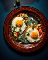  two eggs are on top of a toast with tomatoes and parsley on a red plate on a blue surface.