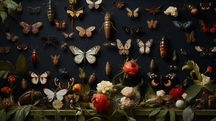 Colorful Butterflies and Flowers Adorn a Wall. Generative AI