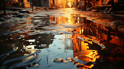 A street with a puddle of water reflecting the surroundings after rainfall. Generative AI