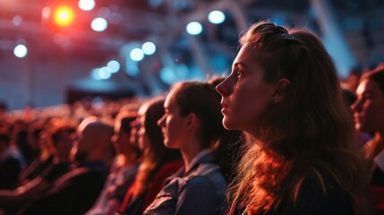 Woman in audience captivated by live stage performance, useful for event and entertainment concepts