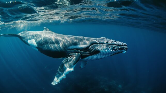 Majestic humpback whale swimming gracefully in the serene blue ocean depths, ideal for nature and travel themes