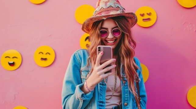 Smiling woman looking at smartphone on pink backdrop with emoji – ideal for social media and tech themes - Powered by Adobe