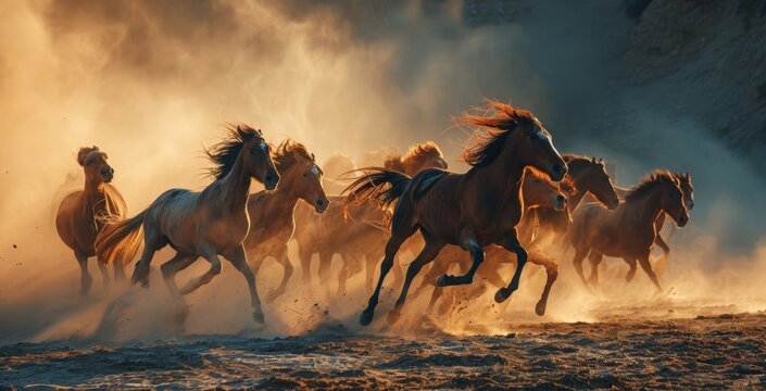 Majestic herd of wild horses galloping in dust at sunset, capturing the essence of freedom and power