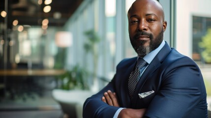 Fototapeta premium Confident African-American businessman in an elegant suit poses at the office Ideal for corporate leadership themes