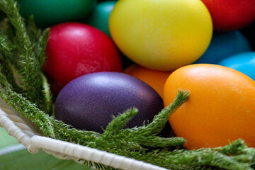 Fototapeta na wymiar Easter Eggs. Colored Easter Eggs in a Basket. Easter Egg in Nest on Vintage Background with Copy Space.