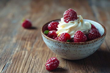 raspberry with a soft texture and a red color in a bowl with cream