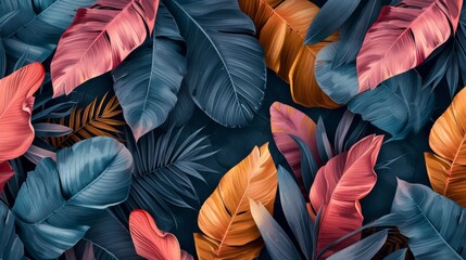 Tropical luxury exotic seamless pattern. Pastel colorful banana leaves, palm. Hand-drawn vintage 3D illustration