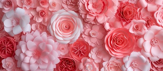 Pink color filter effect on a 3D paper flower wall, ideal for weddings, baby showers, birthdays, or tea parties. Creates a romantic monochrome backdrop.