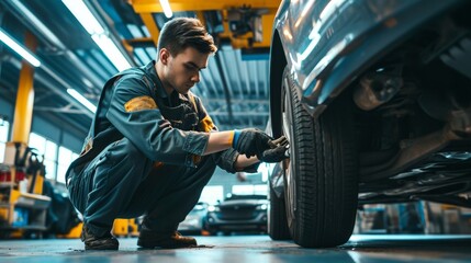 Young mechanic changing car tire in workshop, symbolizing professional auto repair service