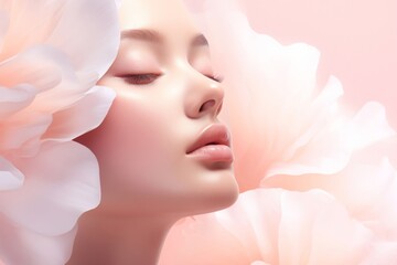 Serene portrait of a woman with ethereal floral backdrop, ideal for beauty and skincare marketing - obrazy, fototapety, plakaty