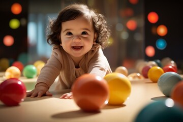 Fototapeta na wymiar Smiling baby playing with colorful balls, capturing joy and innocence of childhood, perfect for family and educational content