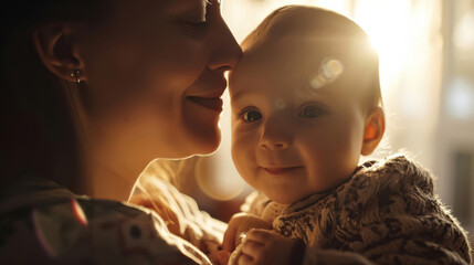 Tender moment between mother and baby in warm golden light, idea