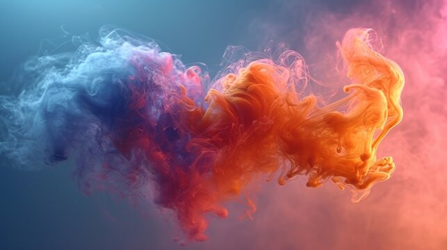  a multicolored cloud of smoke floating in the air on a blue and pink background with a blue sky in the background.