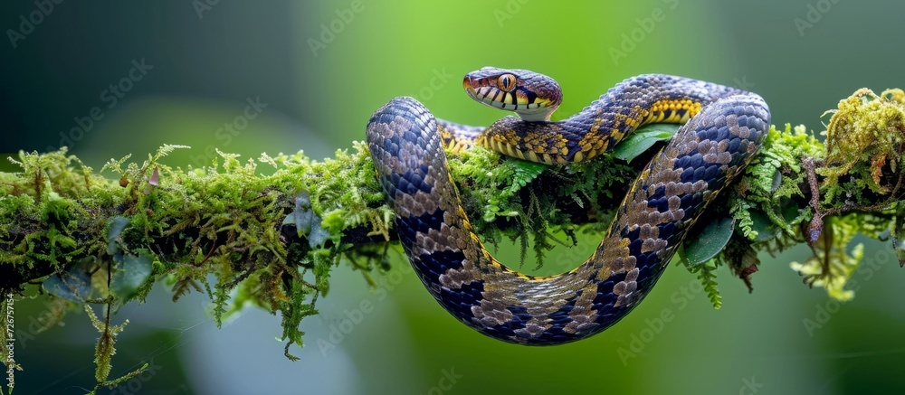 Wall mural Non-venomous snake, Sibon nebulatus, found on mossy branch in nature, not a poisonous creature from South America.