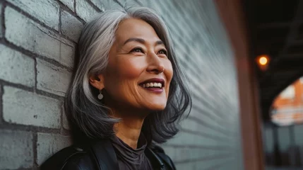 Fotobehang Smiling mature Asian woman in stylish leather jacket, expressing joy and confidence in an urban sunset scene Perfect for lifestyle and fashion themes © Andrei