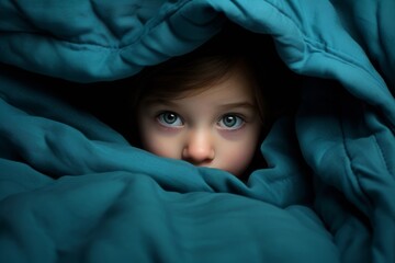 Little girl hides in fear under the blanket and looks out with a frightened look