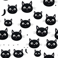Fototapeta premium A vibrant and captivating composition showcasing a masterfully crafted pattern of enchanting black cats, each with mesmerizingly large eyes, commanding attention with their alluring gaze.