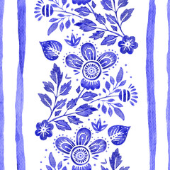 Watercolor blue folk floral flower seamless pattern. Ethnic line stripped  texture art Ukrainian print motif 