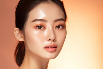 Serene Asian woman in beauty portrait, glowing skin & warm orange tones perfect for makeup & skincare ads