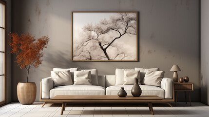 Minimalist livingroom with neutral tones asian background image. Elegant cozy furniture photo backdrop. Harmonious ambience wallpaper picture. Minimalistic interior photography