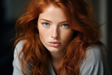 portrait of a beautiful red-haired girl with perfect healthy skin, freckles, expressive eyes and luxurious hair
