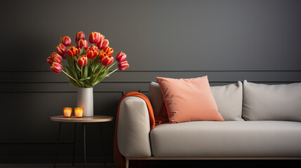 Bloom tulips vase living-room minimalist background image. Simplicity contemporary photo backdrop. Floral decoration interior picture. Minimalist living with flowers concept photography