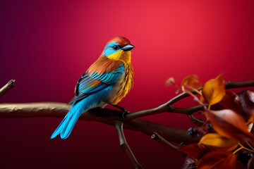 Vivid portrait of a colorful bird perched on a branch and crimson studio background