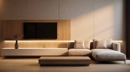 Minimalist warm nordic interior design background image. Livingroom wood accent photo backdrop. Airy elegant space wallpaper picture. Scandinavian minimalistic concept photography