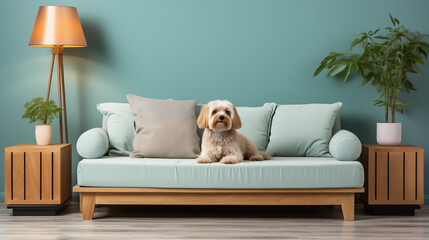 Yorkie with floppy ears on mint couch living room background image. Livingroom cozy photo backdrop. Pet friendly home wallpaper picture. Minimalist domestic lifestyle concept photography