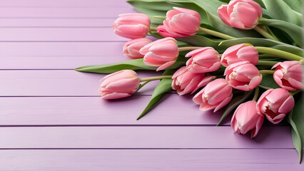 Bouquet of pink tulips on wooden lavender background, banner, background, springtime