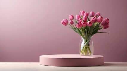 Fototapeta premium Pink tulips in vase on wooden table. 3d render, place for discount, place for promotion