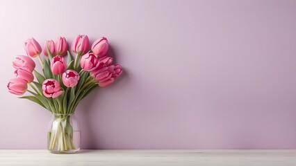 Bouquet of flowers in a vase on wooden lavender background, banner, background, springtime