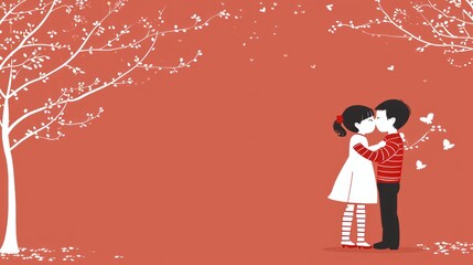  a couple of people standing next to each other in front of a tree with a butterfly flying above them on a red background.