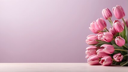 Bouquet of pink tulips on wooden table with copy space