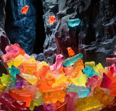  a group of gummy bears sitting on top of a pile of gummy bears in front of a cave.