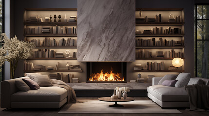 Luxurious livingroom fireplace with marble accent background image. Two couches luxury bookshelves photo backdrop. Extravagance decor wallpaper picture. Loungeroom concept photography