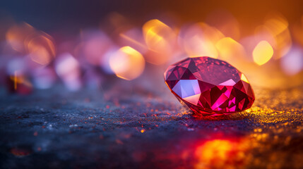 Radiant red ruby gemstone against blurred background with vibrant fiery bokeh lights.