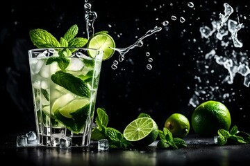  A Dynamic Symphony of Romance and Flavor Unveiled Through the Excitement of a Mojito Cocktail. Liquid Splashes, Mint Leaves, Refreshing Ice, and Lime Slices Dance Elegantly in the Air Against a Sophi