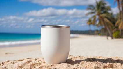 Fototapeta na wymiar white tumbler on beach sand with beach background