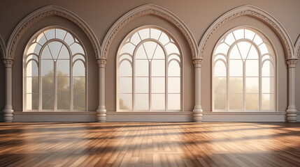 Filled with natural light archway arch windows background image. Empty spacious room photo backdrop. Open space interior desktop wallpaper picture. Light and airy concept photography