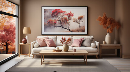 Minimalistic oriental livingroom background image. Elegant cozy furniture photo backdrop. Harmonious ambience wallpaper picture. Minimalistic interior concept photography indoors scene