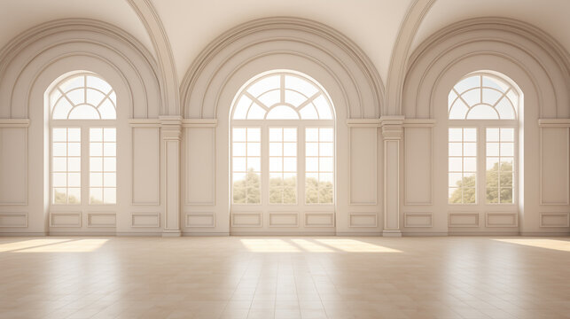 Classic arch windows with architectural archways background image. Empty spacious room photo backdrop. Open space interior desktop wallpaper picture. Light and airy concept photography