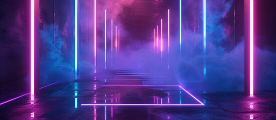 Illustration 3D Futuristic Modern High-Tech Pathway of Neon Blue Purple Glowing Light. AI generated