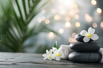 Fototapeta na wymiar beautiful spa composition on massage table in wellness center, copyspace