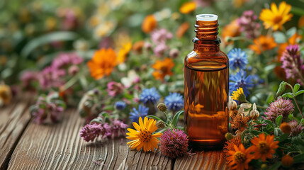 Bottle of essential oil and colorful wild flowers on wooden background