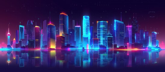 Futuristic skyline neon color with meta verse virtual reality technology concept. AI generated image