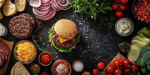 Obraz na płótnie Canvas flat lay of a burger assembly, featuring all the ingredients neatly arranged on a slate or marble background