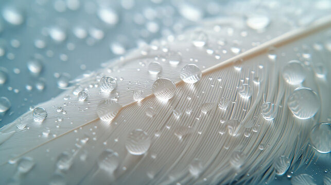 Fluffy white feather with water drops on light background