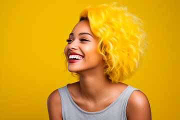Studio portrait of a beautiful young African American woman with curls and yellow dyed hair and yellow background. Vibrant colors. Generative AI